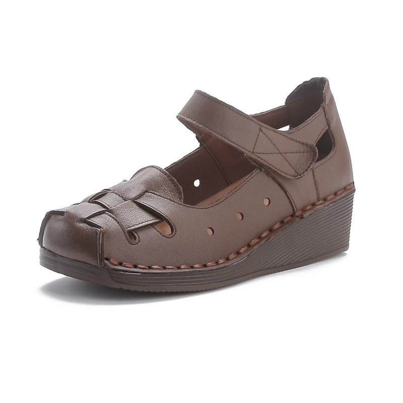 Sandalias de cuña vintage de piel de vaca con capa superior