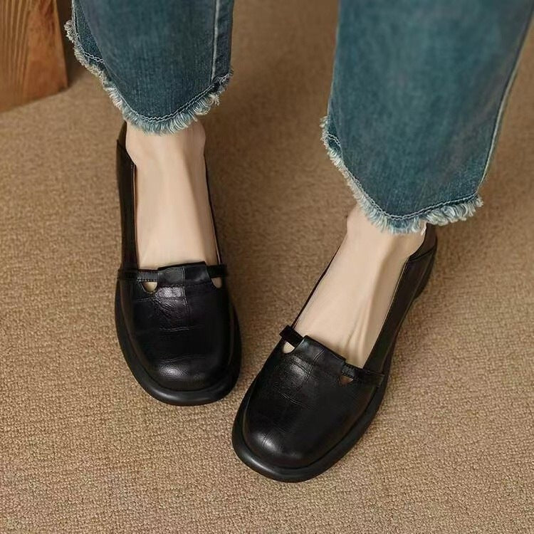 Zapatos de piel con puntera redonda y tacón en bloque