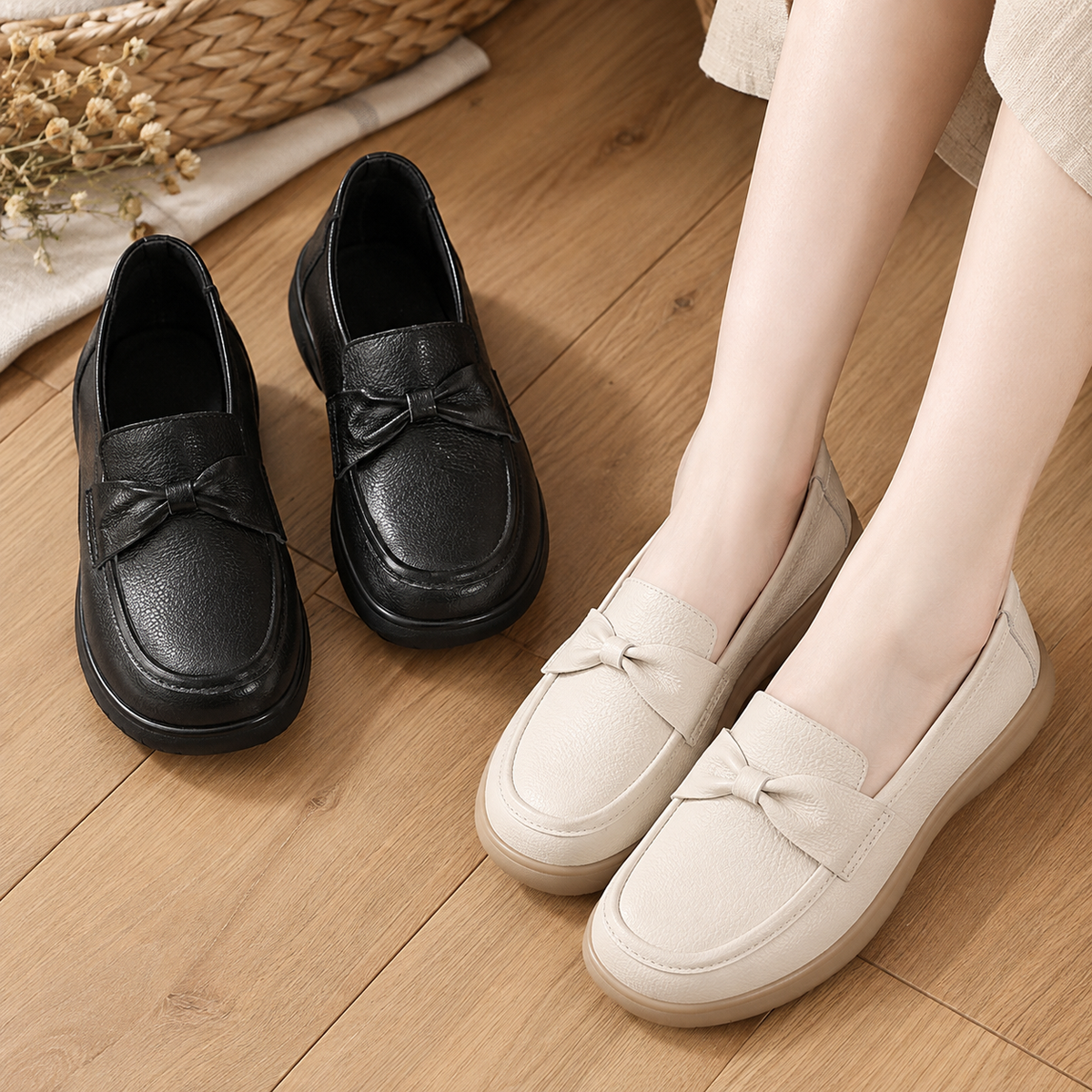 Zapatos de Piel Suave con Corte Bajo y Detalle de Lazo
