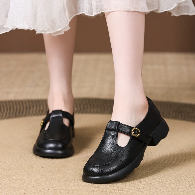 Zapatos planos de piel para mujer con punta redonda